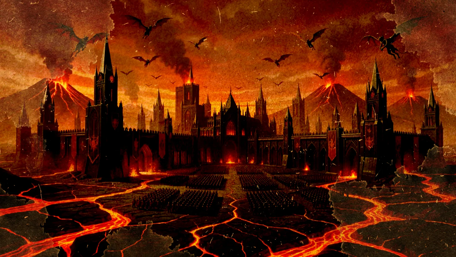Winged devils wheel above Avernia City's black spired cathedrals as twin volcanoes erupt and lava rivers cut through the obsidian citadel.