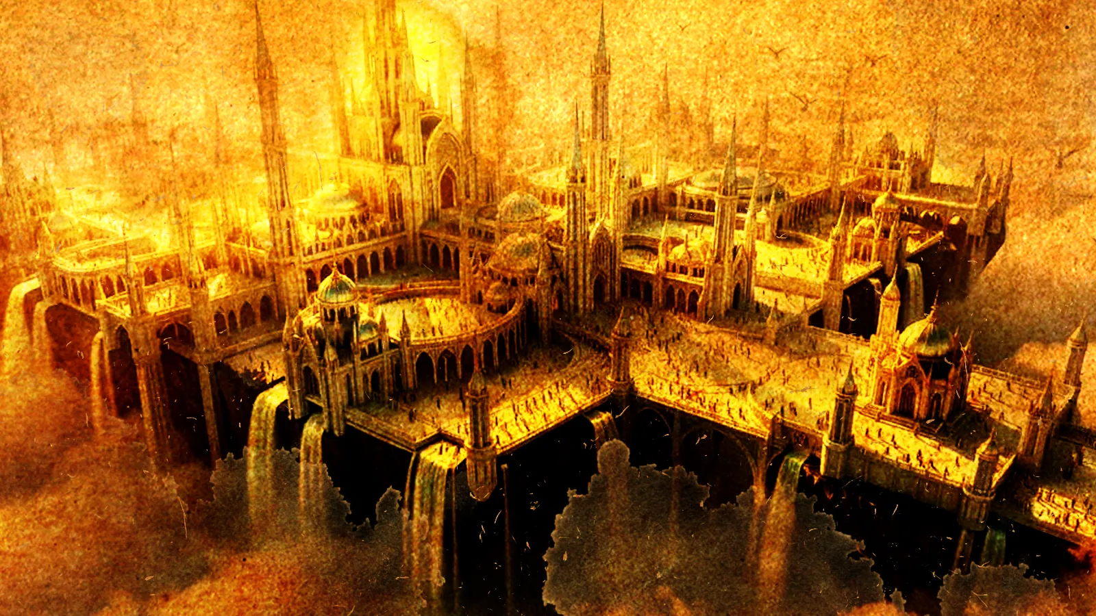 Golden light bathes Cloudkeep's floating spires and arched terraces, waterfalls spilling from the angelic city's edges into the clouds below.