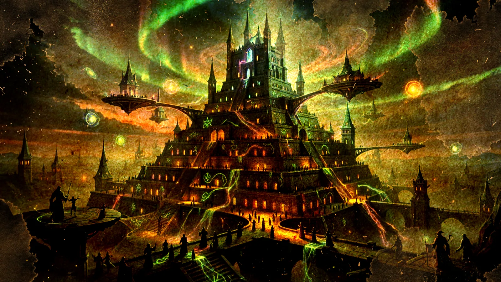 Yxtar's stepped ziggurat glows with green arcane light and floating platforms beneath a swirling aurora sky, robed mages gathered on its stairs.