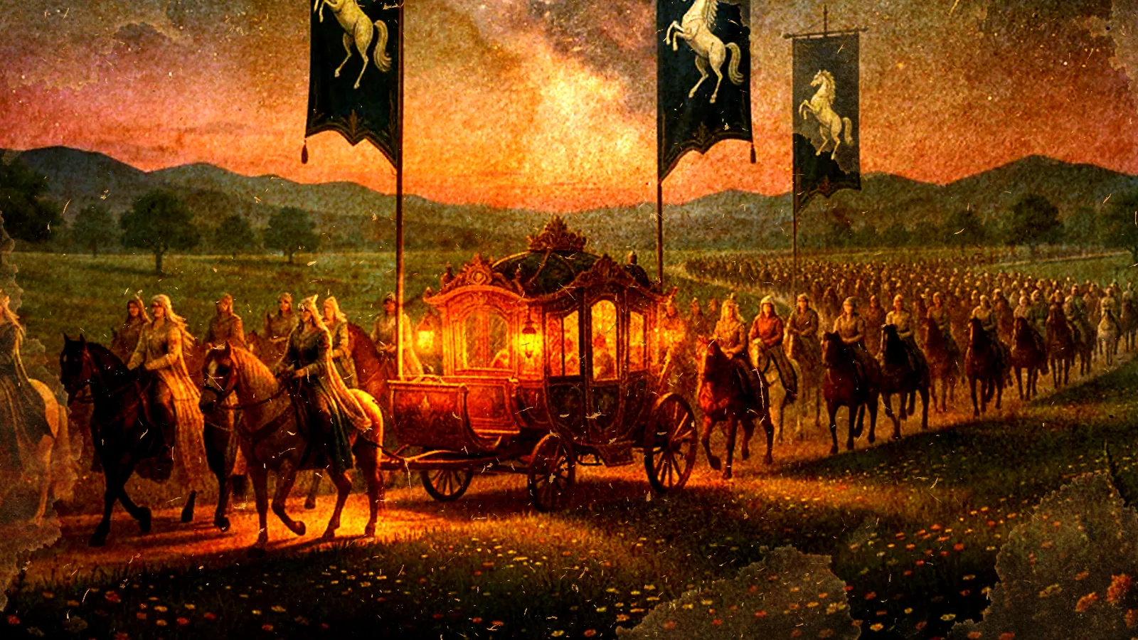 An ornate lantern-lit wagon leads the White Caravan's riders and rearing-horse banners across open plains under a fiery sunset.