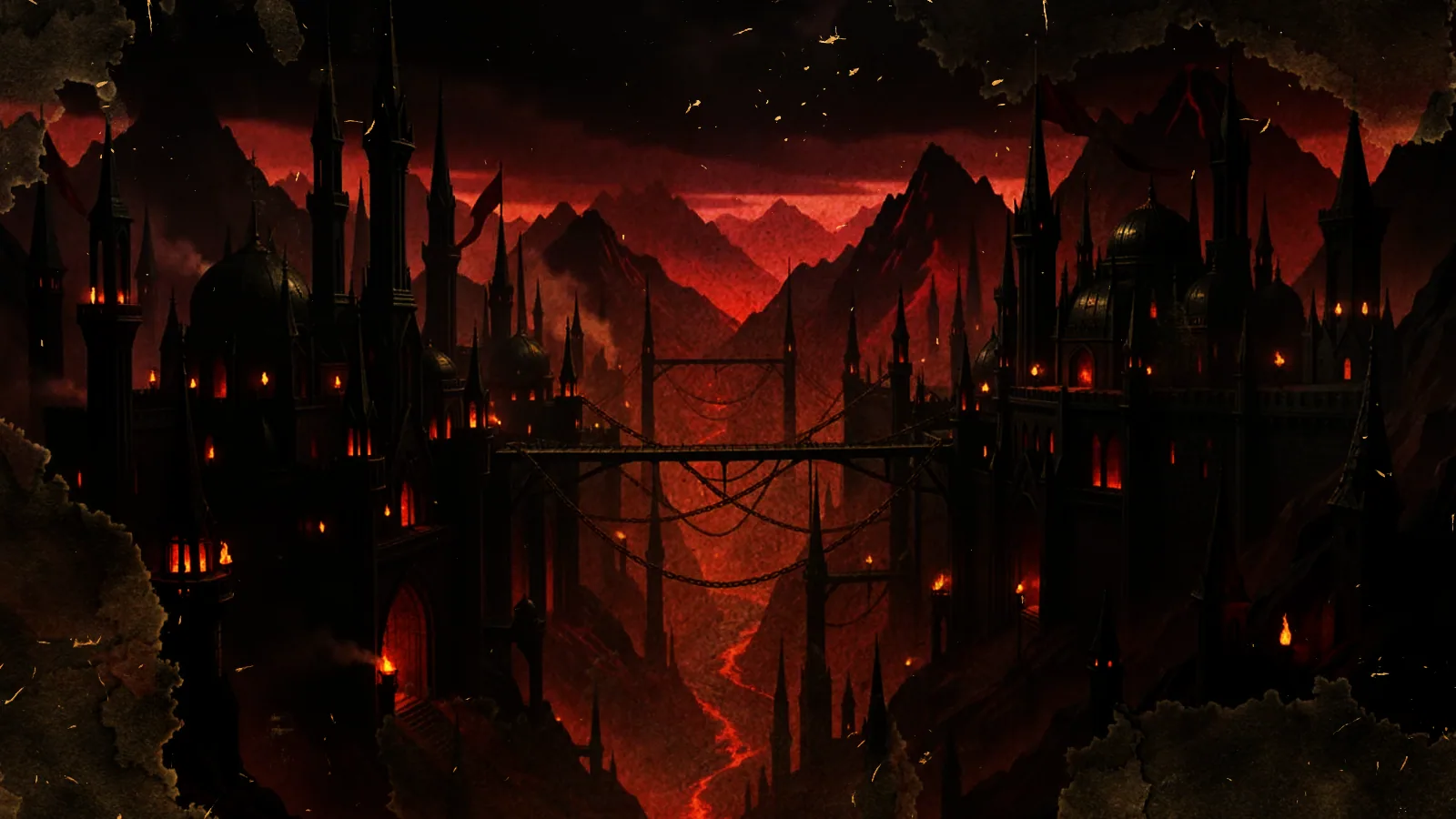 Chained bridges and spired black towers hang over a lava-lit gorge in Morzul'l, Helkor's capital glowing crimson beneath a starless sky.