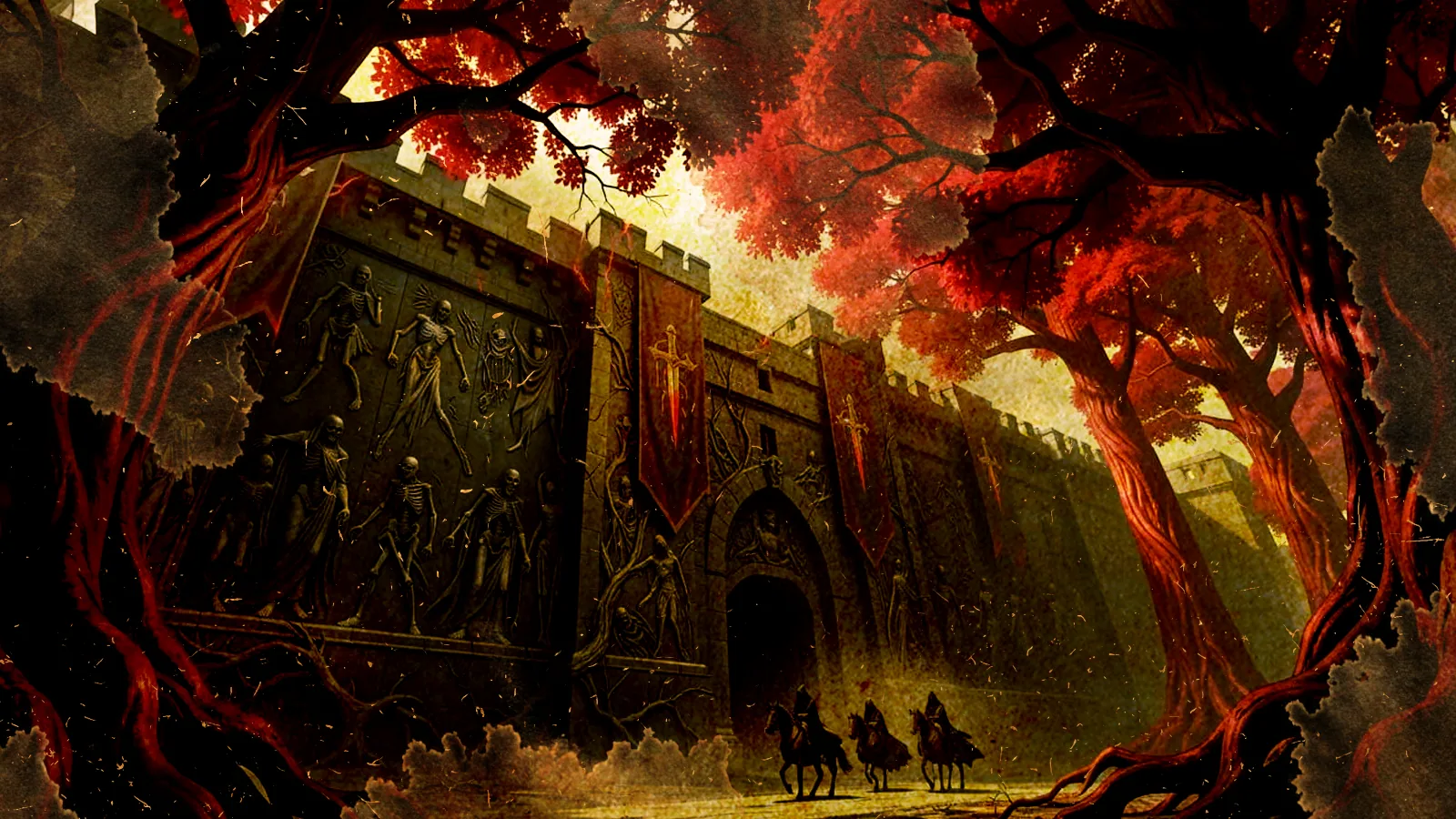 Blood-red autumn trees frame a skeleton-carved wall and gate as cloaked riders approach Zargovia's undead-warded dominion at dusk.
