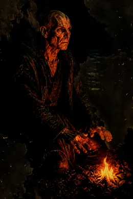 A gaunt, armor-clad revenant stands amid drifting ash, its hollow eyes glowing faint grey, a broken standard still gripped in one skeletal hand.