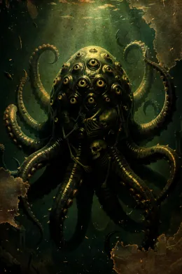 A bulbous, tentacled horror studded with dozens of unblinking eyes looms in murky green depths, drowned skeletons visible trapped within its translucent, glistening body.