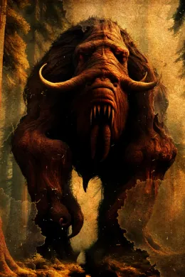 A colossal, shaggy, tusked beast with curved horns and a fanged, drooping maw looms out of misty forest, dwarfing the trees around it.