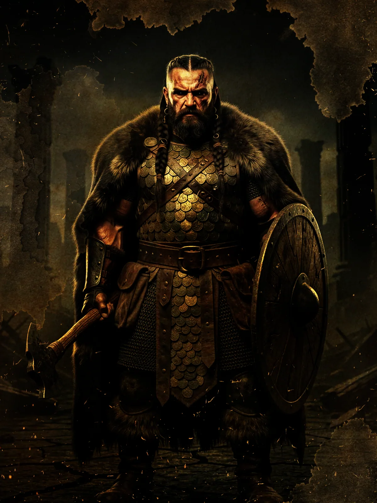A scarred, grim-faced warrior in golden scale armor and fur mantle grips a spiked mace and heavy shield amid smoky ruins.