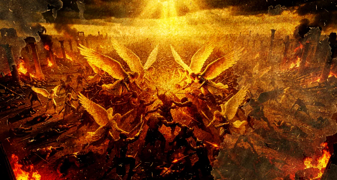 Angelic hosts and demonic legions clashing on an endless battlefield