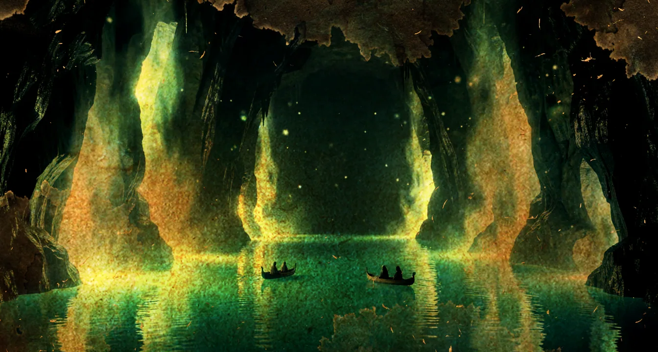 A glowing subterranean sea of crystal-blue water beneath colossal luminous crystals, a crimson-stone city on its shore