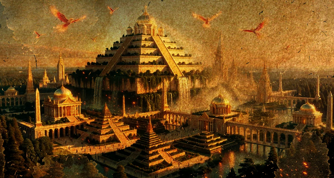 A golden Feyan pyramid city with waterfalls, hanging gardens, and phoenixes in flight above its terraces
