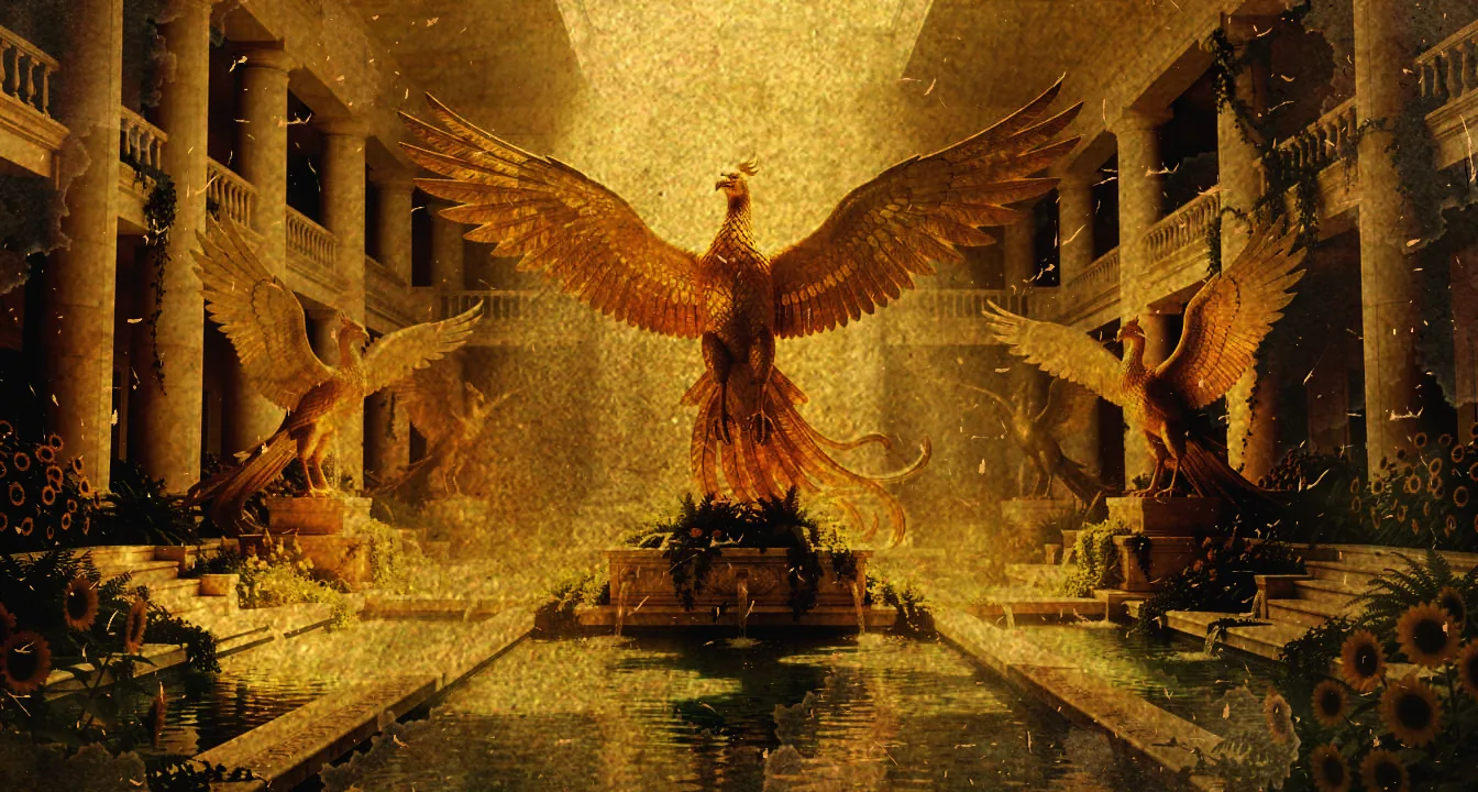 A grand phoenix statue with wings spread over a colonnaded hall and reflecting pool, flanked by smaller phoenix guardians