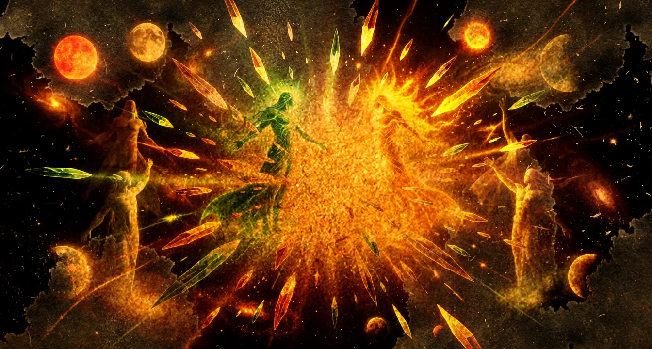 A radiant division of primal power scattering into planes, stars, and the first divine forms