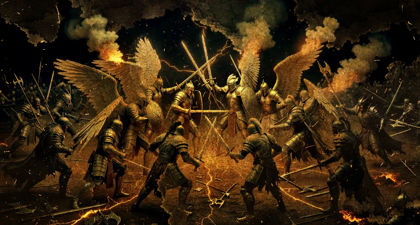 Angels, Heraldian soldiers, and demons frozen mid-battle in Sermon's stasis field at Angel Cross