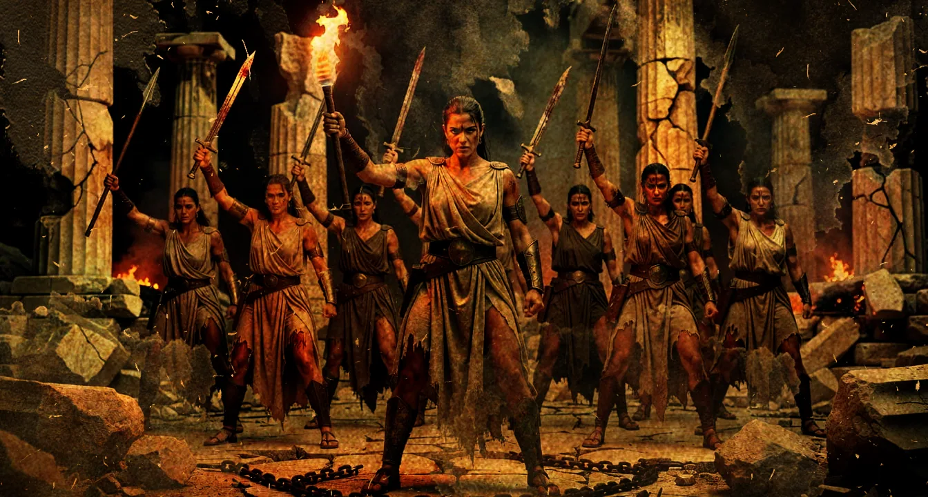 Young Aloria breaking the chains of patriarchy on the Night of Freedom, freed women rising behind her