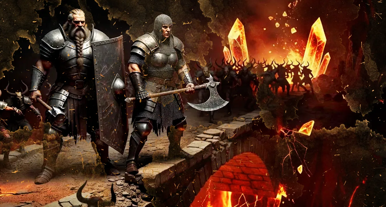 A Thergen Defender and a war-priestess make a last stand on a collapsing underground bridge over a lava chasm against a demon horde