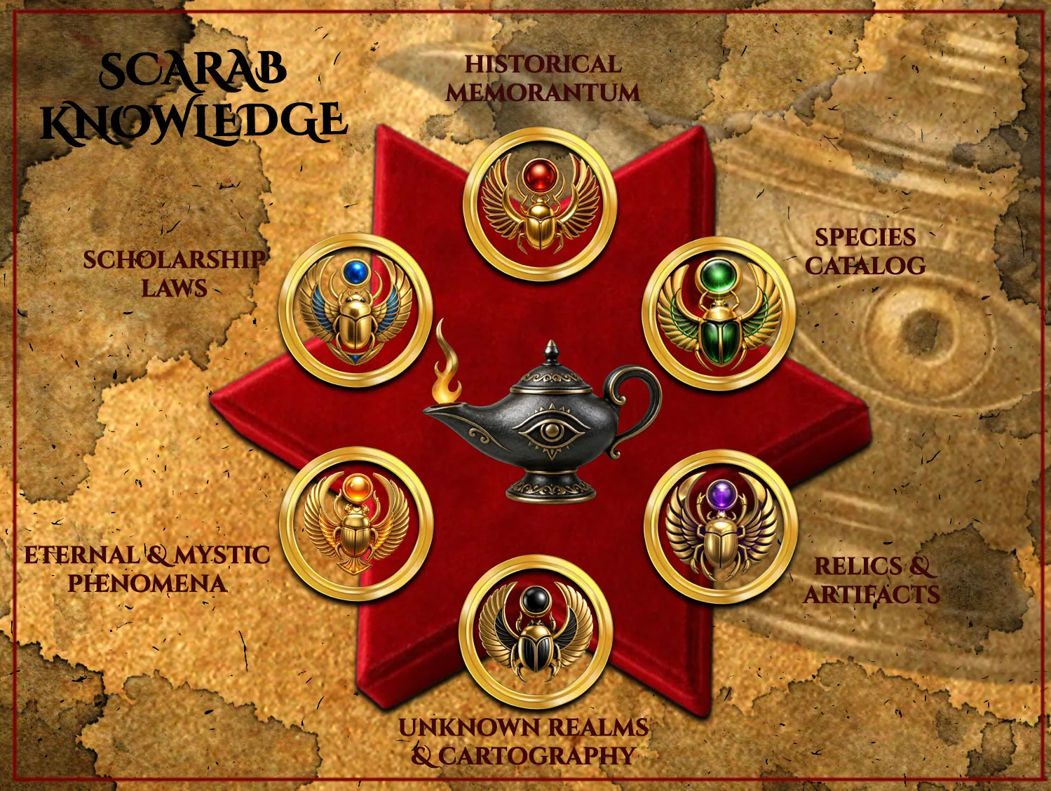 Scarab Knowledge — six gem-set scarab medallions arranged around the eye-marked lamp, each naming a field of Loremaster mastery