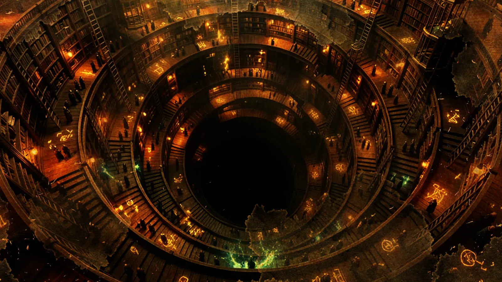 The Great Library, the spiral staircase of the archive descending into the mountain