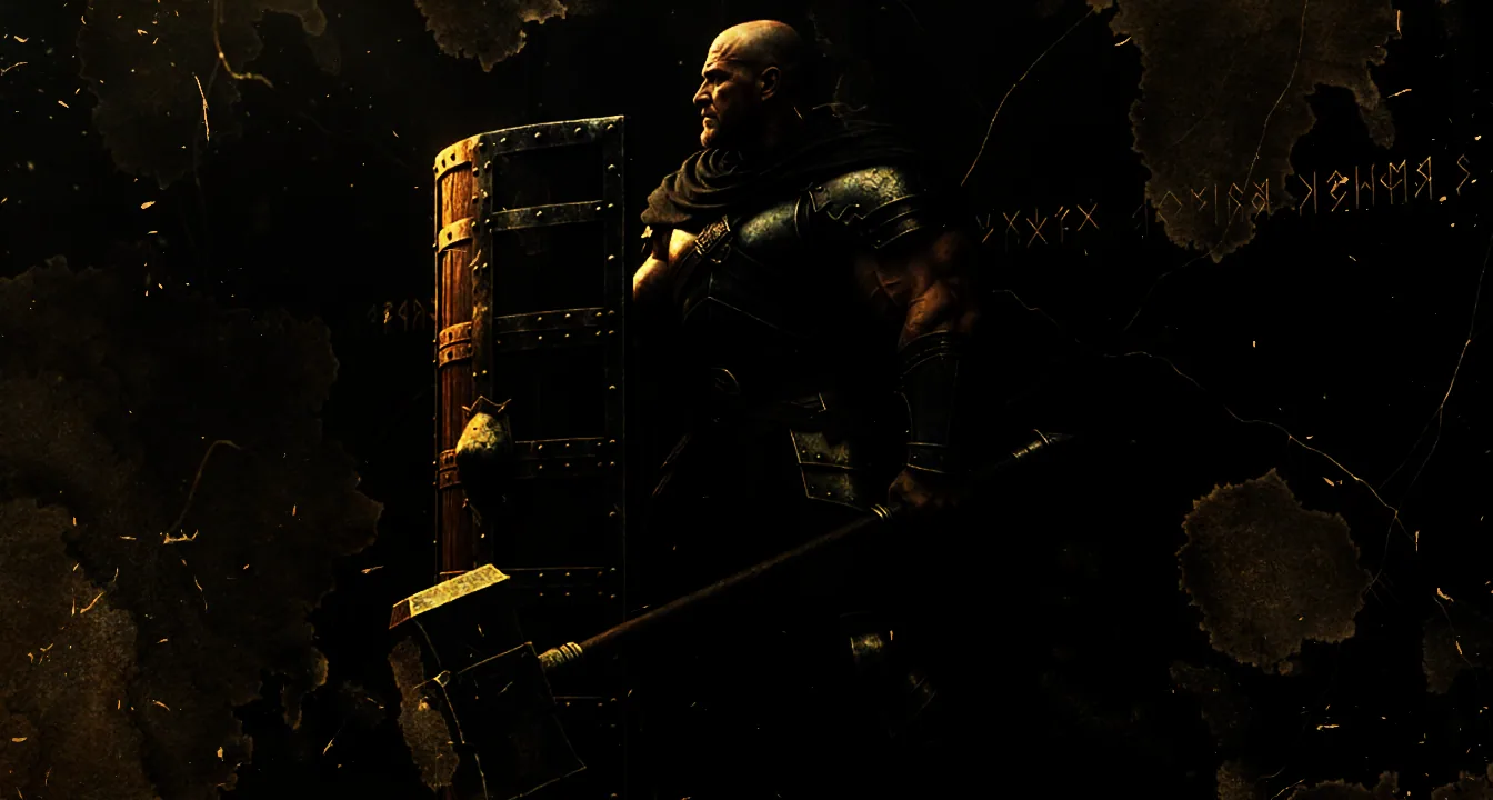 A Thergen Defender in blackened plate with a riveted tower shield and war-hammer, rune-marked black stone behind