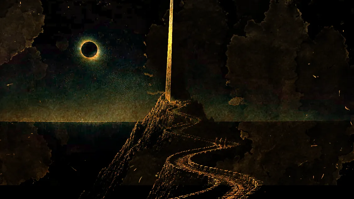 A slender dark obelisk on a high headland beneath an eclipsed sun, a lantern-lit path winding up to its foot.