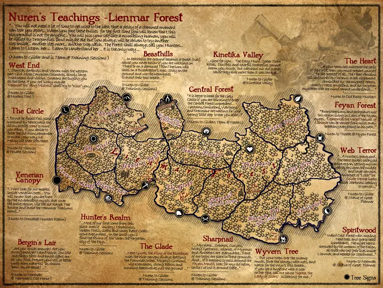 Map — Lienmar Forest, Regions. The Lienmar Forest carved into its hunting grounds, each marked with Nuren's teachings.