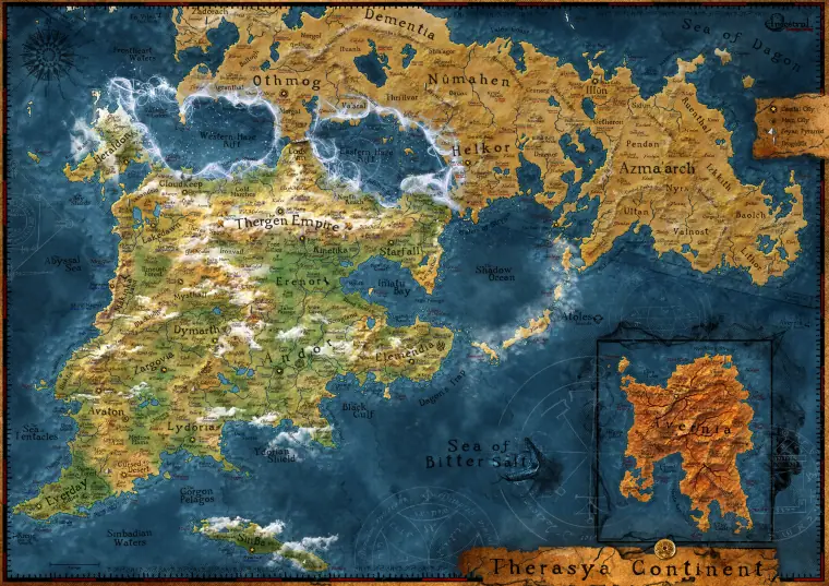 Map — Map of Thera. The whole of Thera charted shore to shore. Pan and explore its realms.